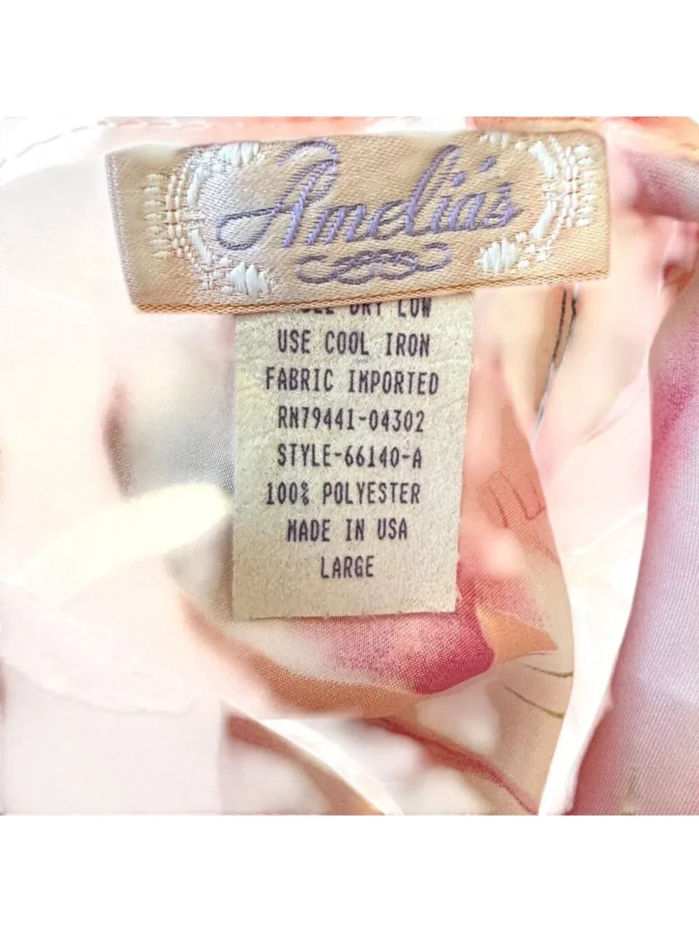 VTG Amelia’s Floral Peach Pink Tulip Nightgown Bow Size Large Made USA Side Slit - Picture 6 of 8